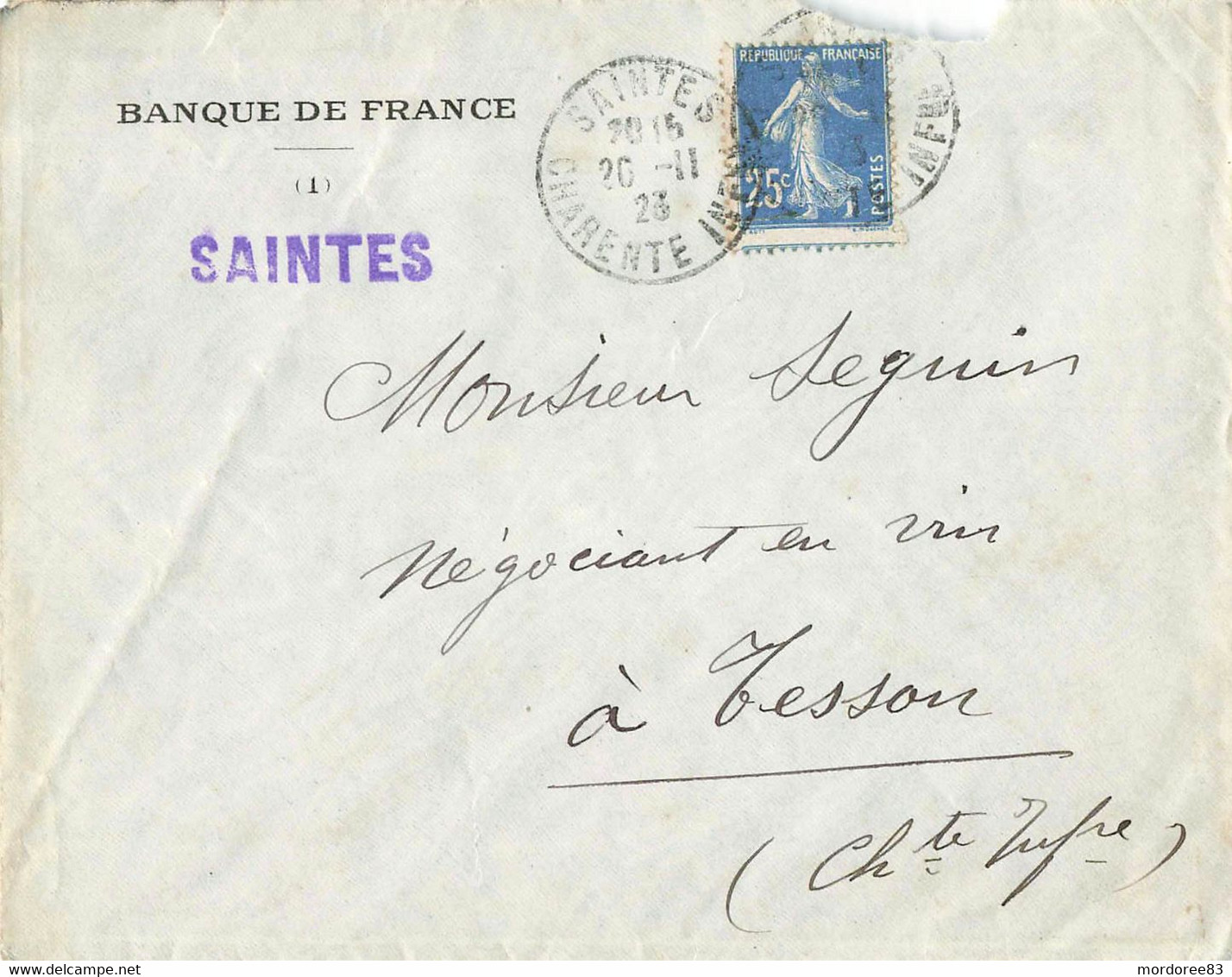 SEMEUSE 25C DECALAGE SUR LSC BANQUE DE FRANCE SAINTES 20/11/23 POUR TESSON - Lettres & Documents