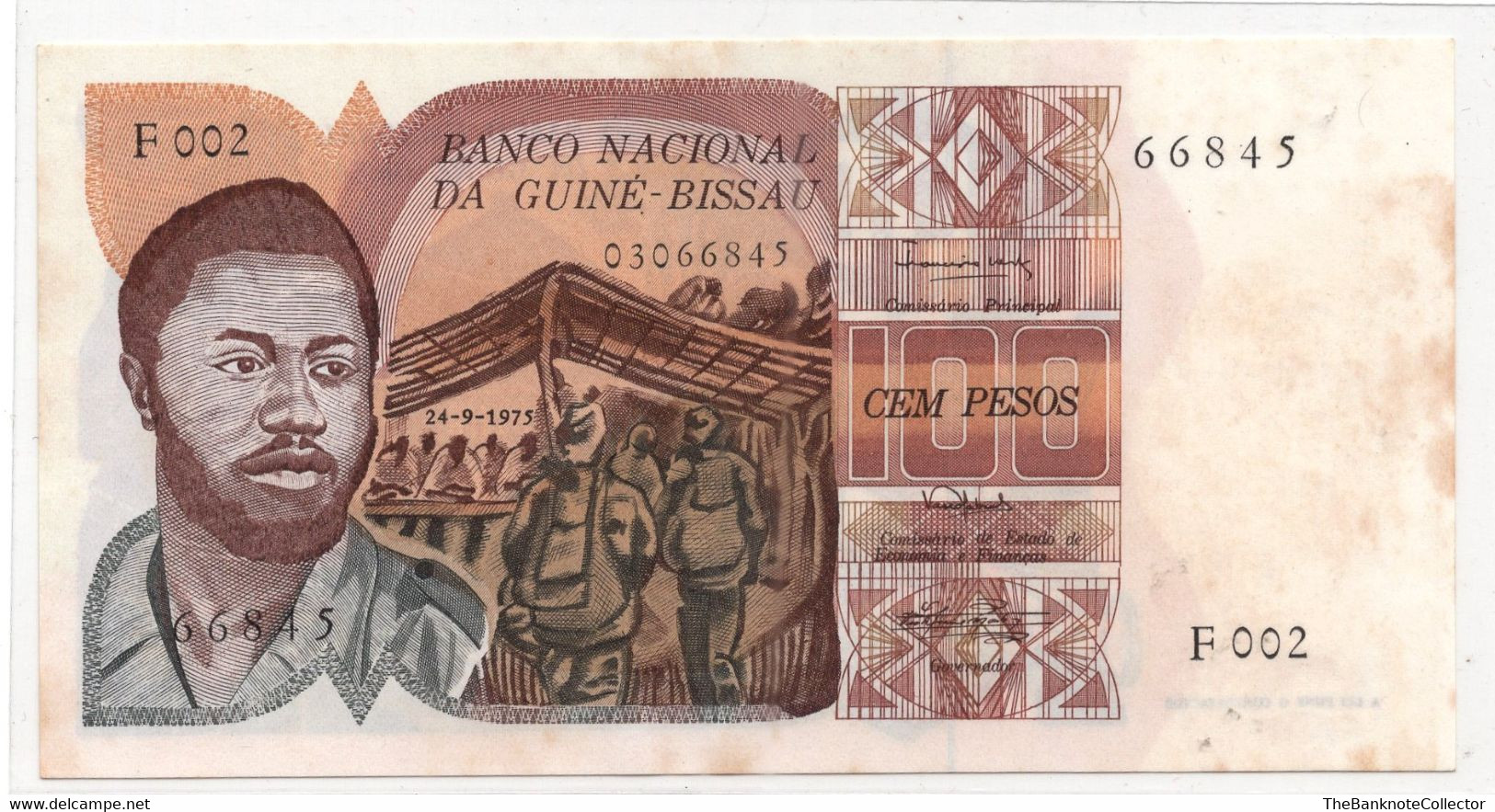 Guinea Bissau 100 Pesos 1975  AUNC Foxing P-2a - Guinea-Bissau