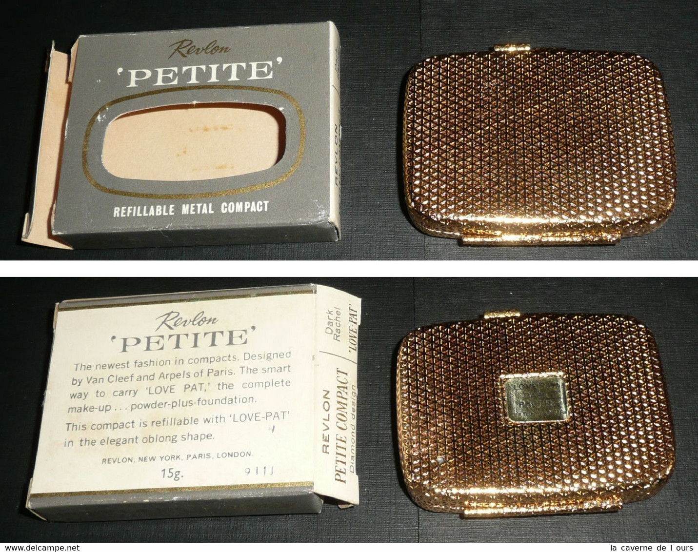 Rare Ancien Poudrier Vintage En Métal Doré, NEUF Avec Sa Boite, Miroir De Poche, REVLON Dark Rachel "PETITE" - Materiale Di Profumeria