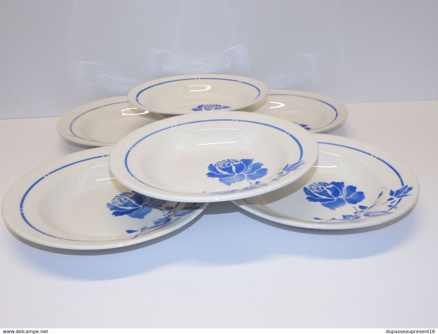 *6 ASSIETTES DEMI CREUSES MOULIN DES LOUPS HAMAGE mod. RIGOBERT ROSES BLEUES  E