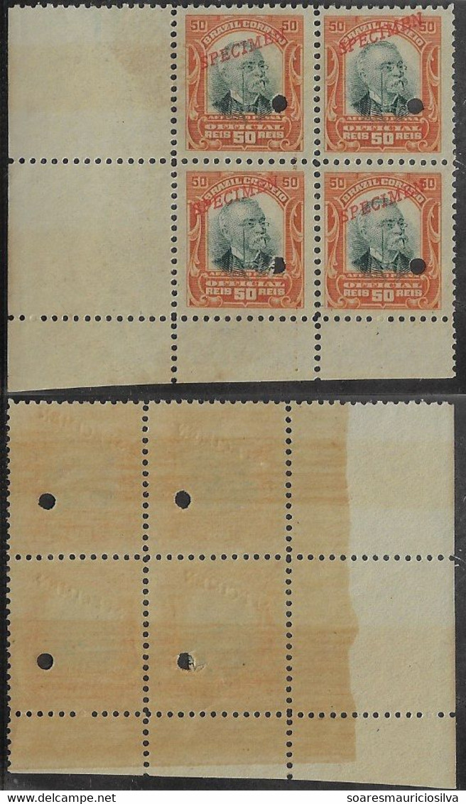 Brazil 1906 RHM-Official-3 President Afonso Pena 50 Réis Block Of 4 Stamp With Hole And Overprint Specimen Unused - Dienstmarken