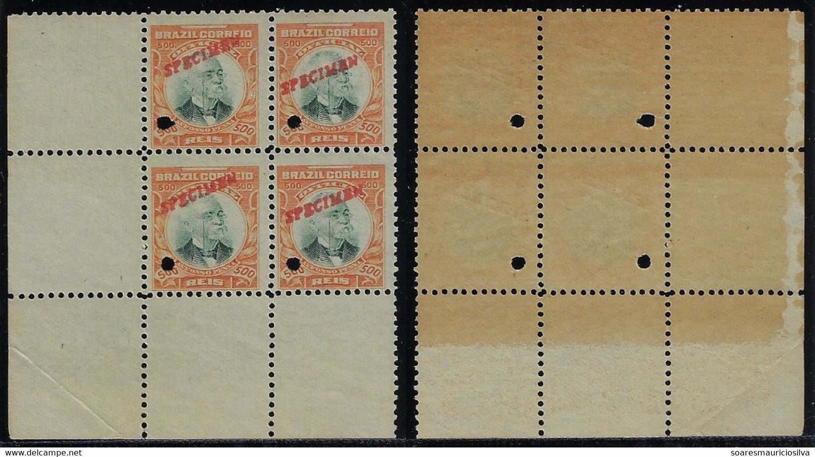 Brazil 1906 RHM-Official-8 President Afonso Pena 500 Réis Block Of 4 Stamp With Hole And Overprint Specimen Unused - Dienstmarken