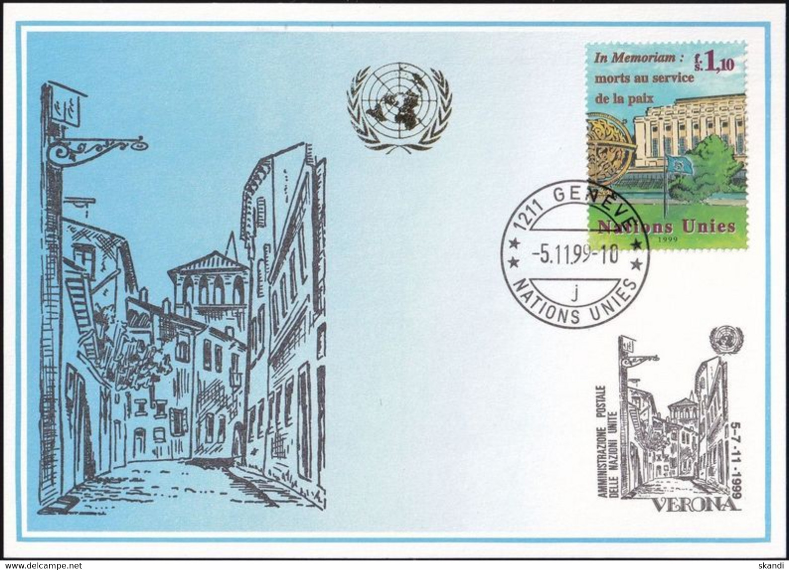 UNO GENF 1999 Mi-Nr. 303 Blaue Karte - Blue Card  Mit Erinnerungsstempel VERONA - Briefe U. Dokumente