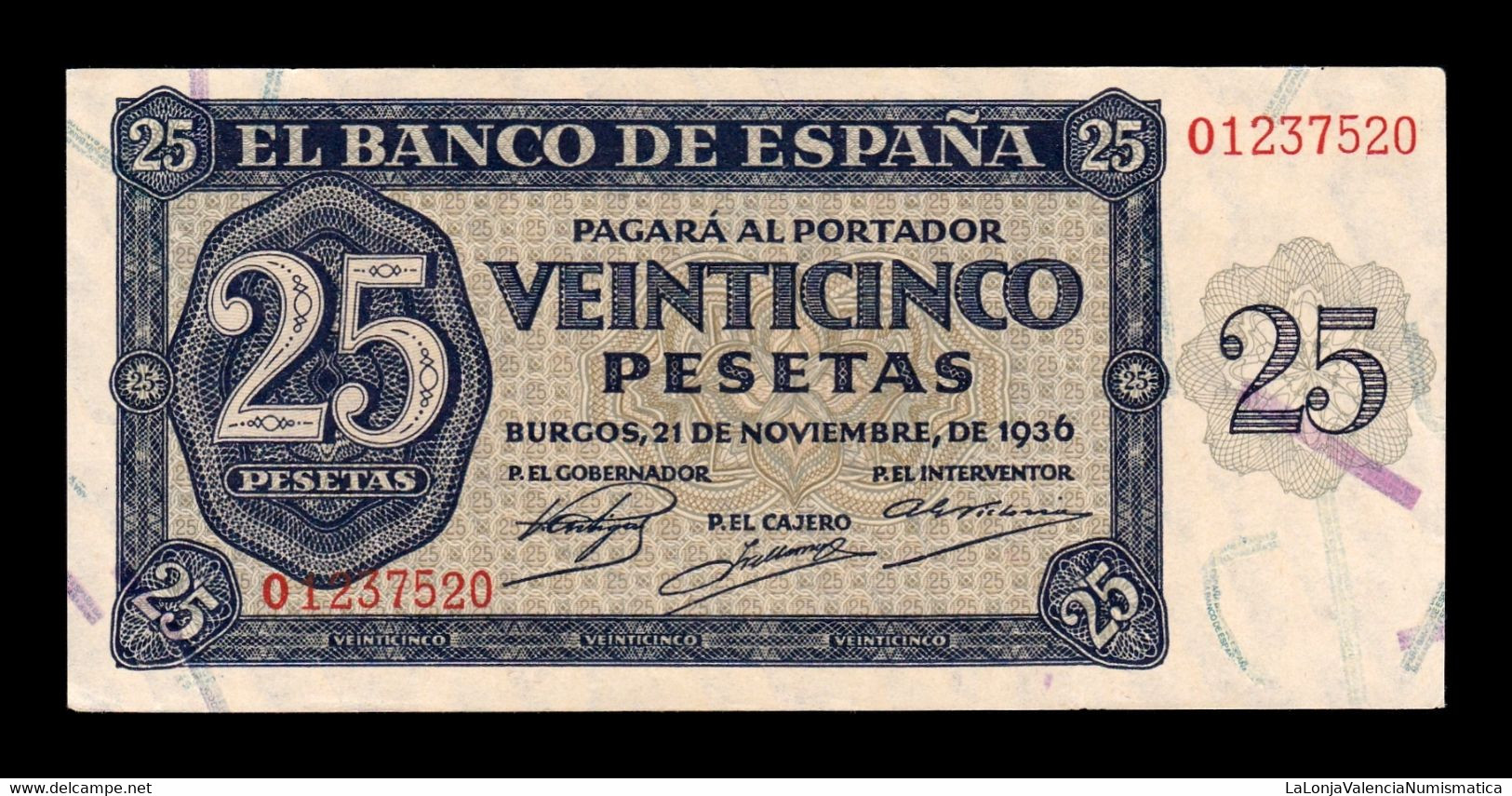 España Spain 25 Pesetas Burgos 1936 Pick 99 Serie O SC UNC - 25 Pesetas