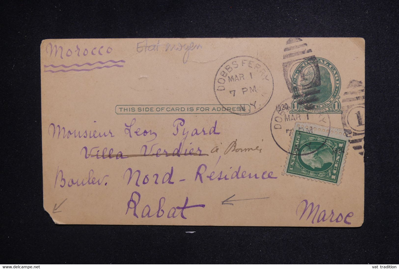 ETATS UNIS - Entier Postal + Complément De Dobbs Ferry Pour Le Maroc En 1920  - L 128161 - 1901-20