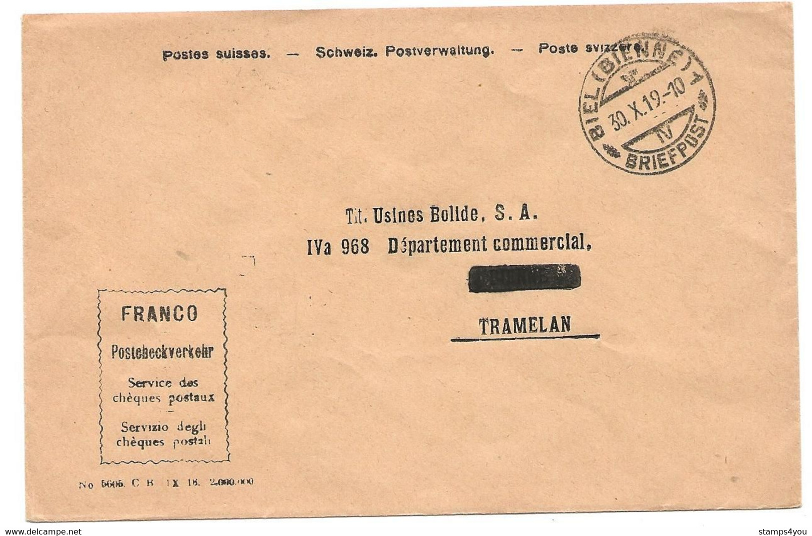 104 - 58 - Enveloppe "Franco" Cachet à Date Biel/Bienne 1919 - Portofreiheit