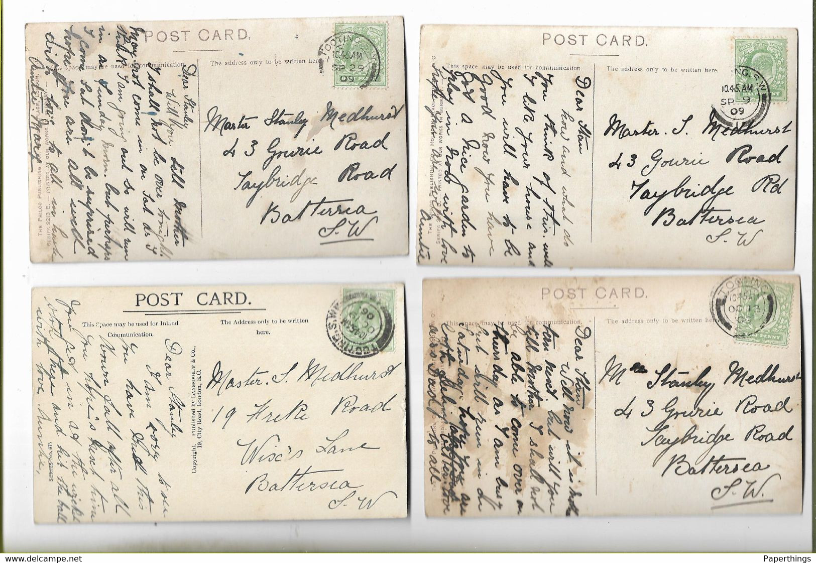 4 Postcards, Early Cricket Cards, Bat, Ball, Stumps, 1906-09. - Cricket