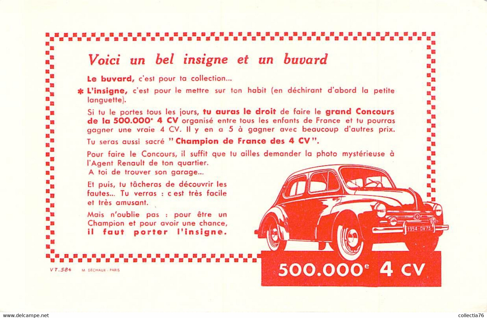 VIEUX PAPIERS BUVARD 21 X 13 CM RENAULT GRAND CONCOURS 500000 E 4 CV RENAULT - Auto's