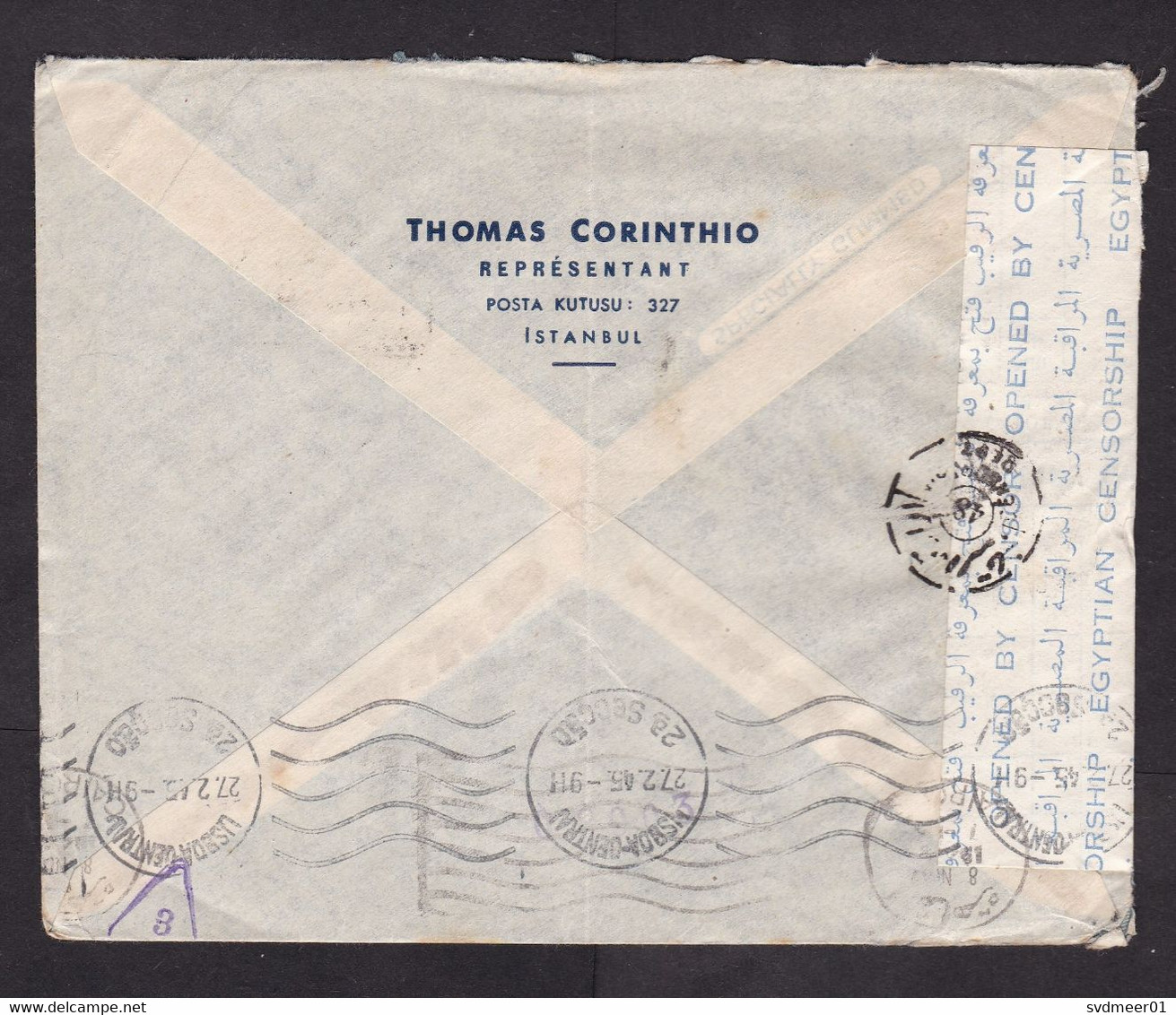 Turkey: Cover To Switzerland, 1945, 2 Stamps, Via Egypt & Portugal, Egyptian Censor Label, War (minor Damage, Fold) - Briefe U. Dokumente