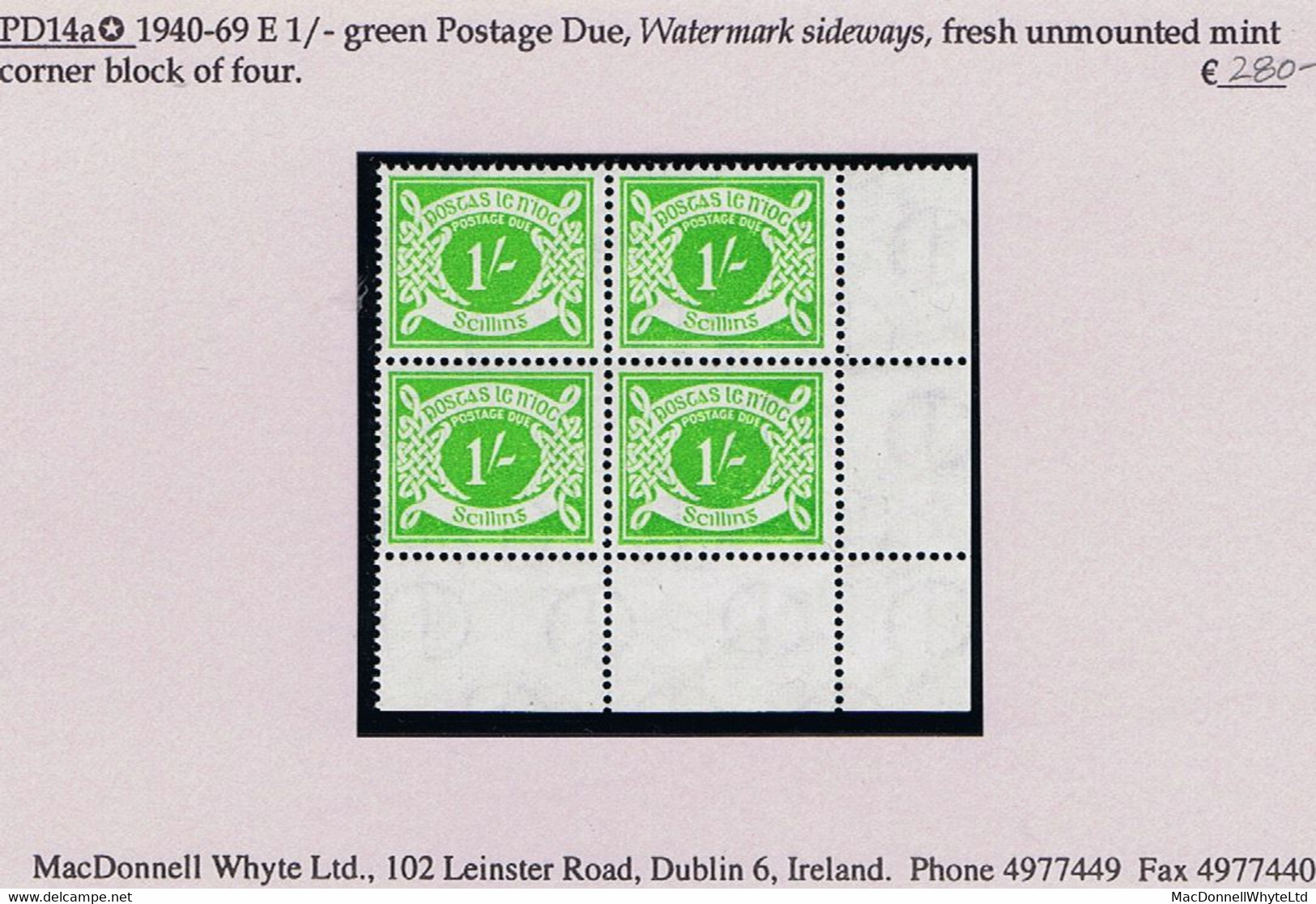 Ireland Postage Due 1940-69 E 1/- Green Watermark Sideways (reading Down) Corner Block Of 4 Mint Unmounted - Impuestos