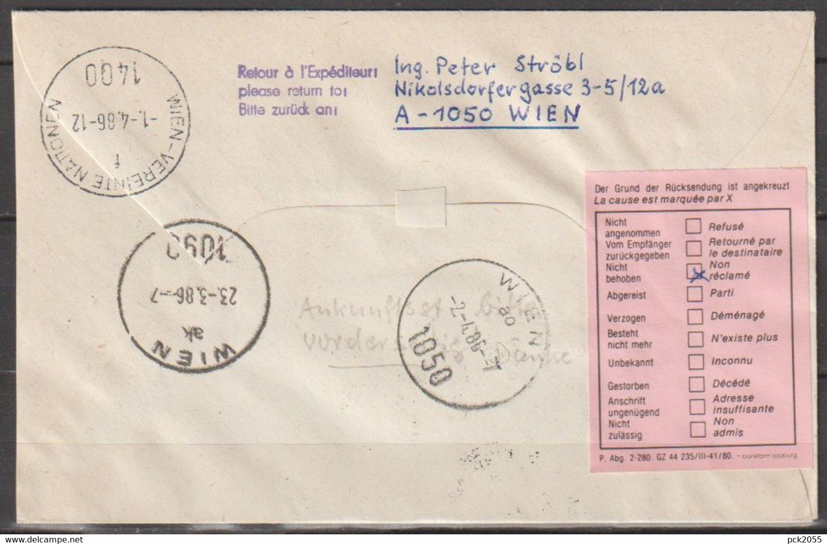 DDR Ganzsache 1985  Nr.U2 Luftpost Leipzig - Wien Vereinte Nationen Ankunftstempel ( D 3613 ) - Sobres - Usados