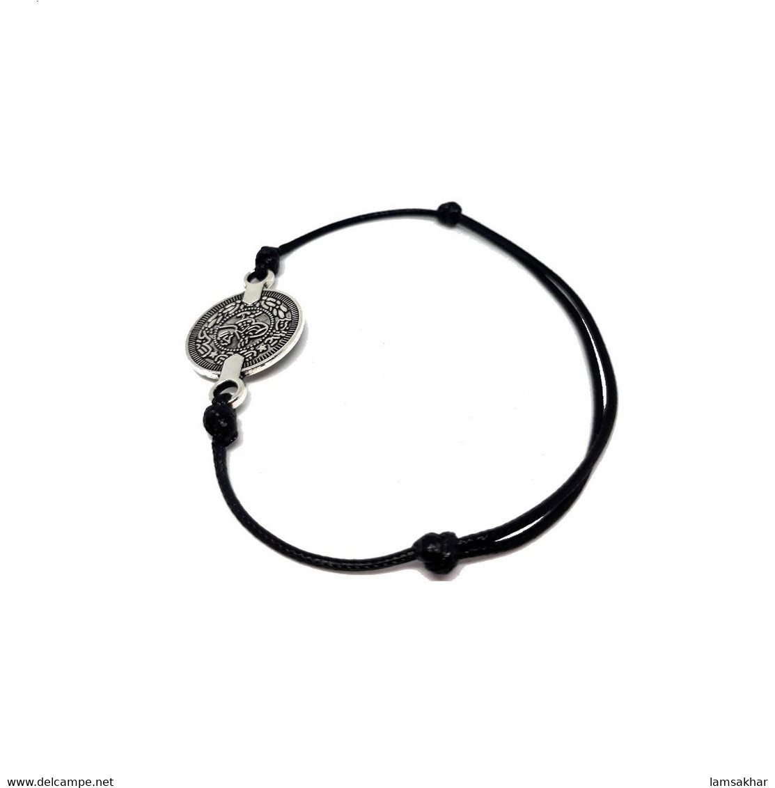 Adjustable Black Thread Bracelet With Coin Style Pendant - Unisex - Bracelets