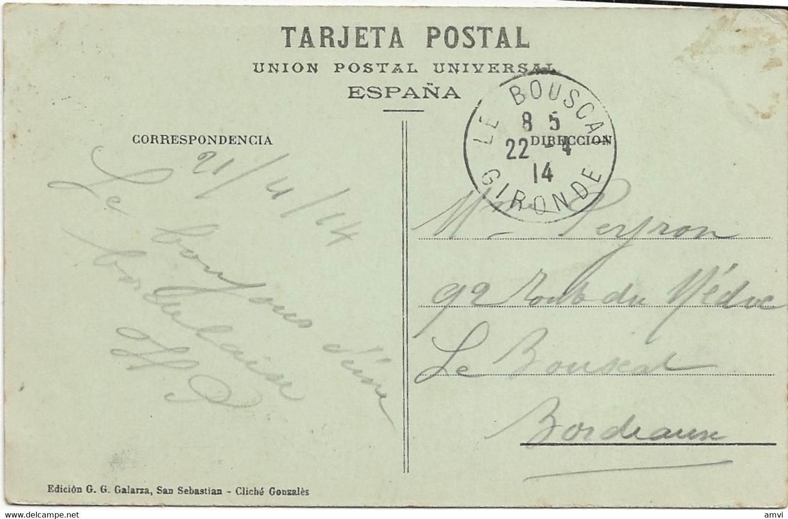 22-8-2447 - San Sebastian - Balneario De La Perla Y Miraconcha - 1914 Cachet Le Bousca - Guipúzcoa (San Sebastián)