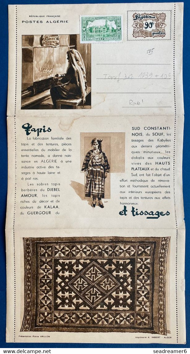 Algerie Entier Lettre Touristique Sur Les Tissus Et Tissages à 90c Avec Complement Pour Tarif De Dec 1939 Pas Courant ! - Other & Unclassified