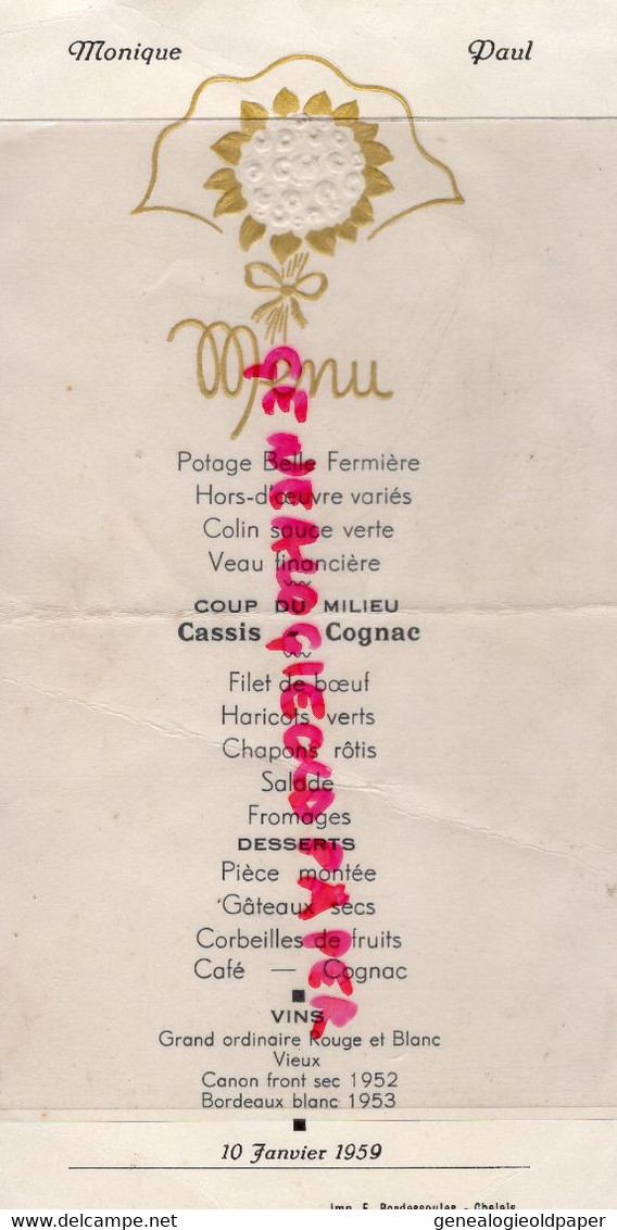 16-ST SAINT VALLIER- COGNAC-MENU MARIAGE MONIQUE PAUL -MAURICE CORNEAUD- BORDESSOULES CHALAIS - Menükarten