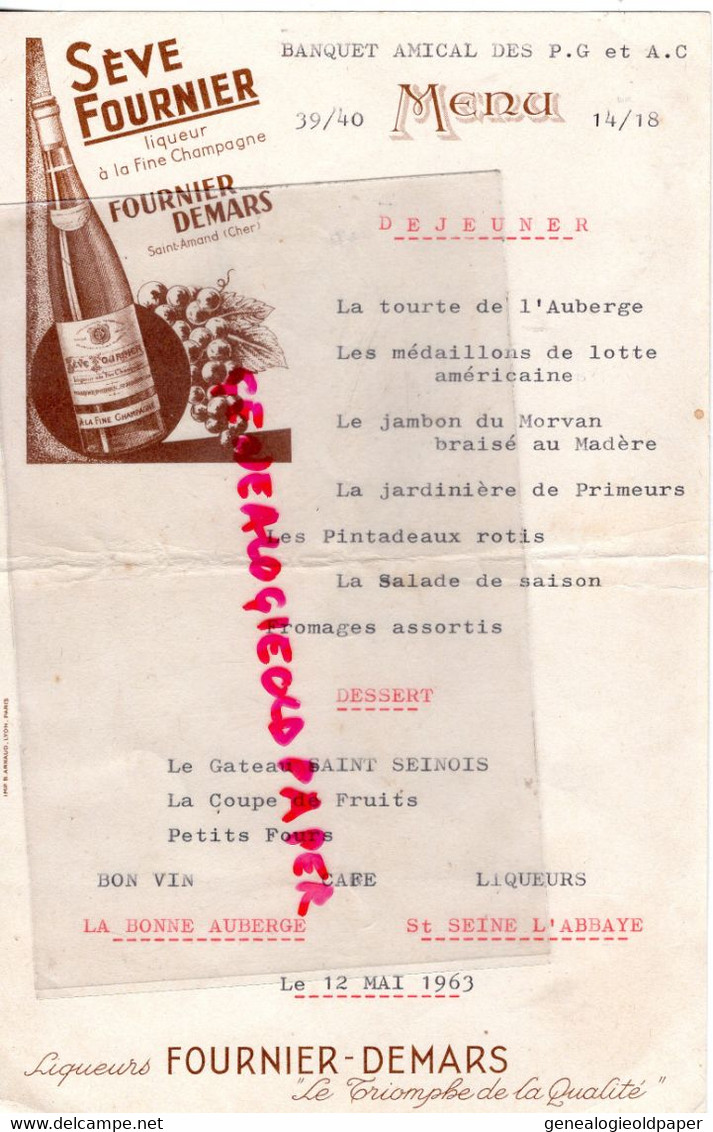 21-ST SAINT SEINE L' ABBAYE-RARE MENU BANQUET P.G.-ET A.C-PRISONNIERS GUERRE 1939-1945-LA BONNE AUBERGE-FOURNIER DEMARS - Menükarten