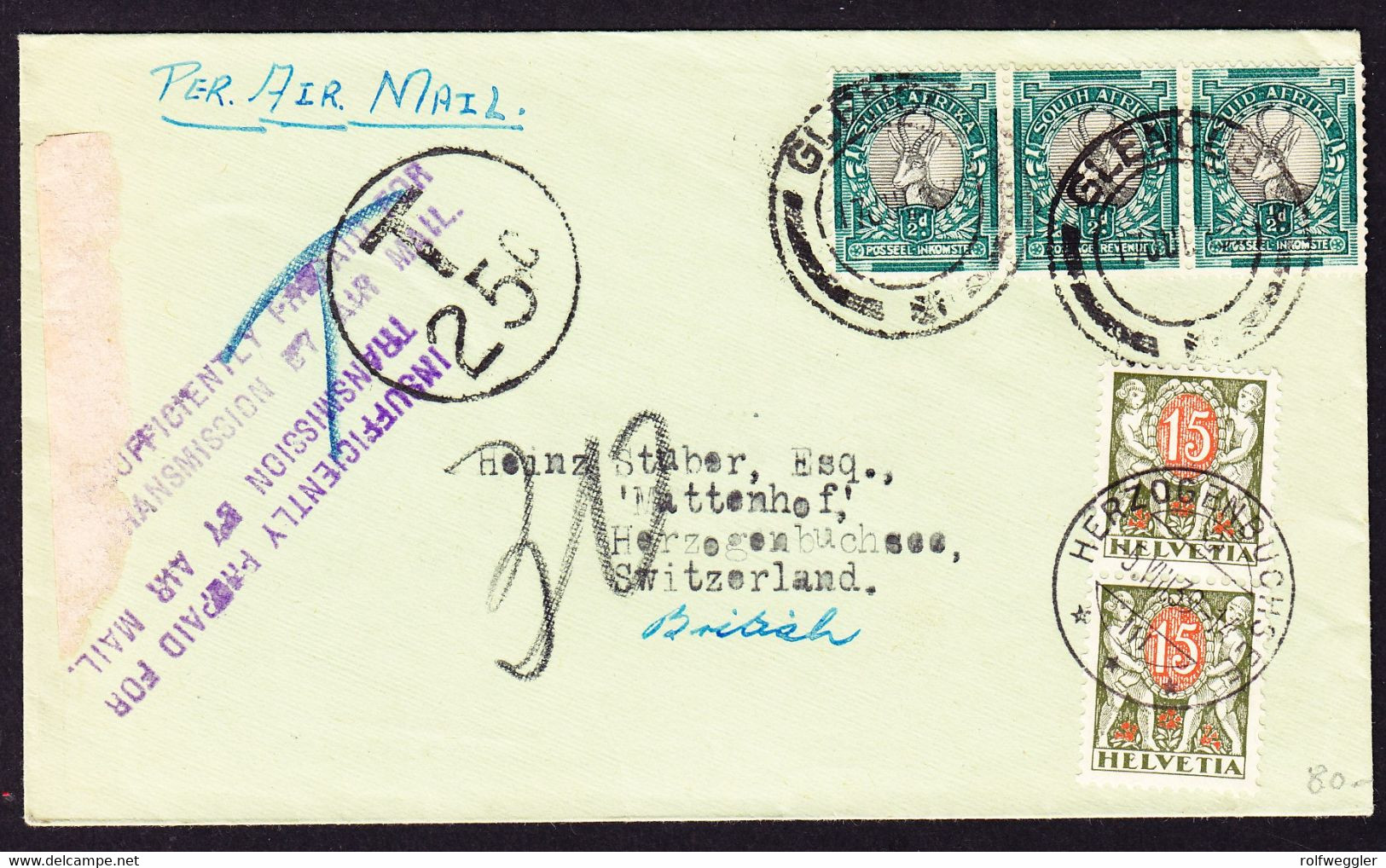 1939 Brief Aus Glencoel, Natal Nach Herzogenbuchsee Mit Schweizer Strafportomarken. - Timbres-taxe