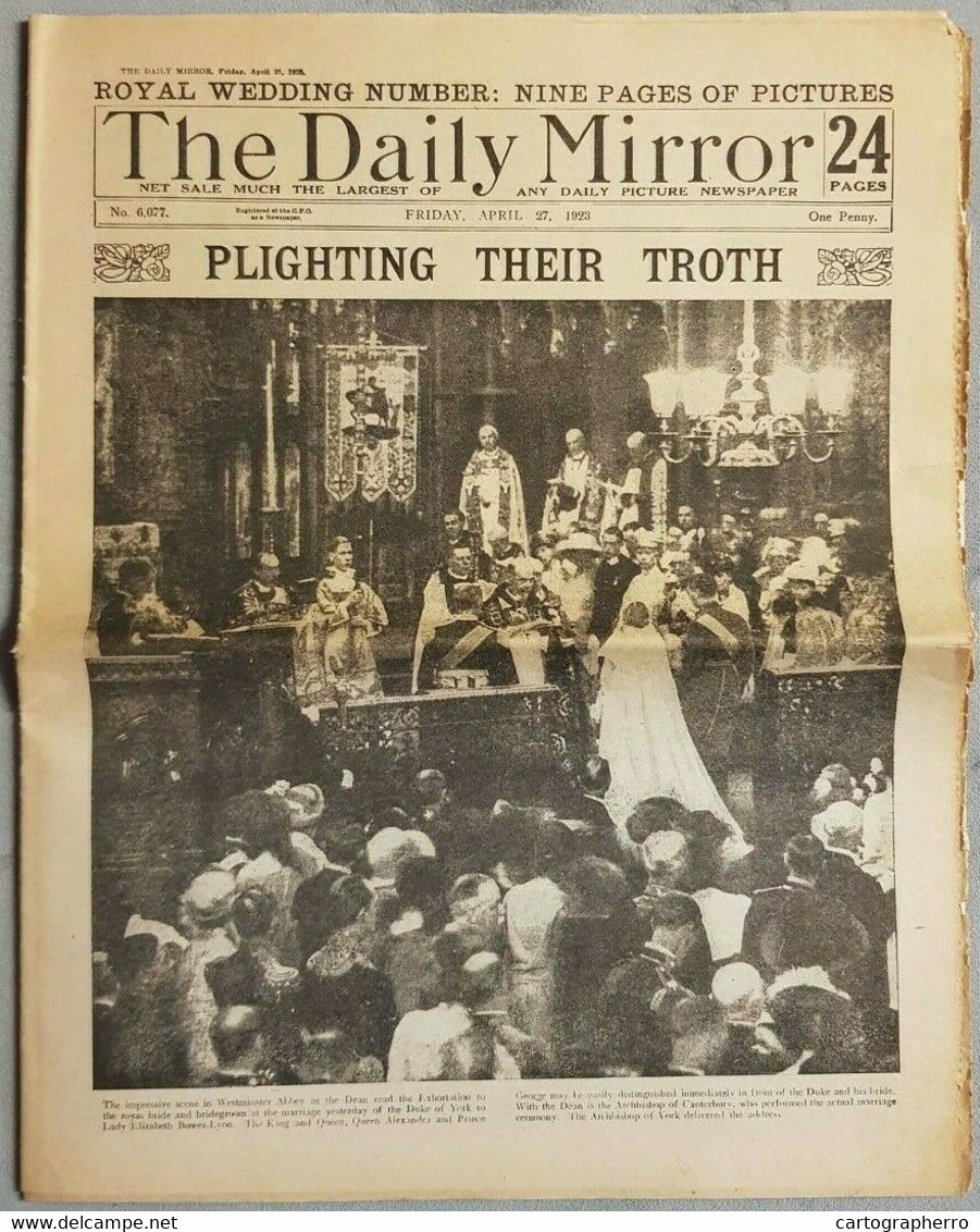 NEWSPAPER DAILY MIRROR APRIL 27th 1923 WEDDING OF FUTURE KING GEORGE VI - Inglese