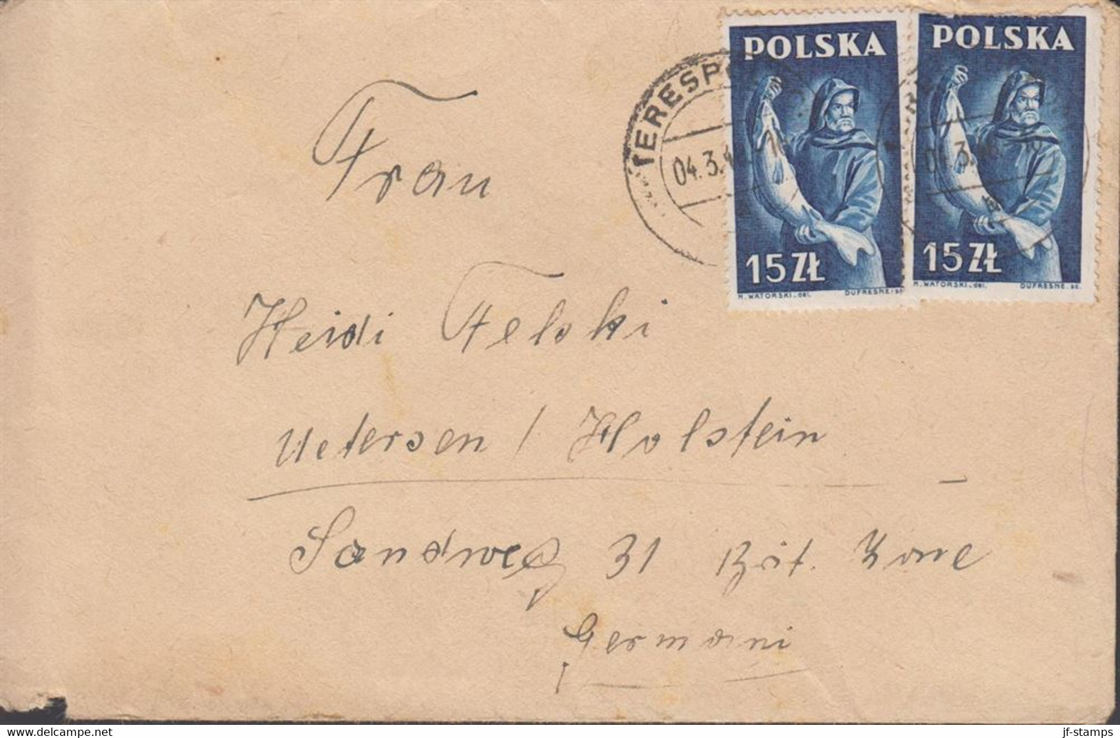 1948. POLSKA.  2 Ex 15 Zl Fischerman (one Defect) On Cover To Deutschland Cancelled TERESPOLP... (Michel 474) - JF432086 - Gouvernement De Londres (exil)