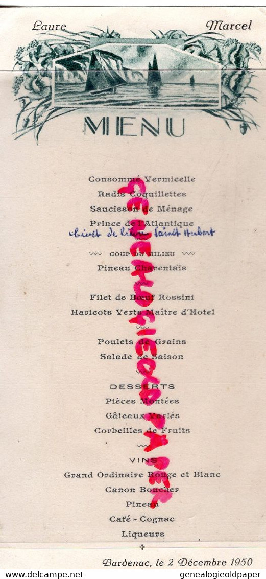 16- BARDENAC- RARE MENU 2 SEPTEMBRE 1951- SERVICE TRAITEUR RAMBAUD - IMPRIMERIE TEXIER CHALAIS - Menus