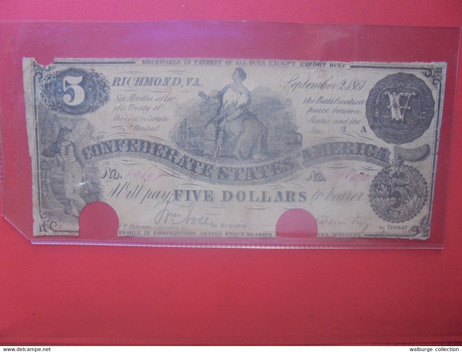 ETATS-UNIS-RICHMOND 5$ 1861 Circuler- Annulé-réparer (L.8) - Confederate Currency (1861-1864)