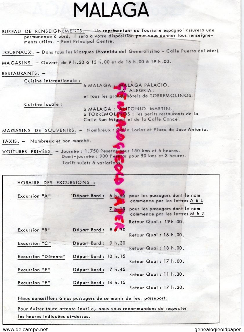 ESPAGNE- MALAGA- PROGRAMME LA CROISIERE DU SOLEIL SS FRANCE PAQUEBOT-2 MAI 1969-CANNES- LISBONNE-LE HAVRE- - Programme