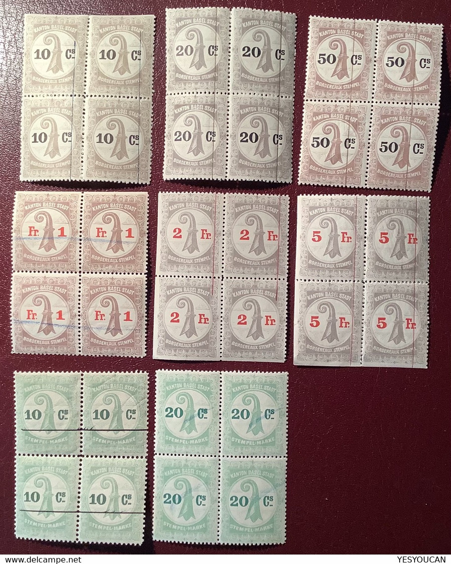 Schweiz Fiskalmarken: BASEL STADT 1899 Stempelmarken Viererblock 36 Stück (Fiskalmarke Switzerland Revenue Stamps - Revenue Stamps