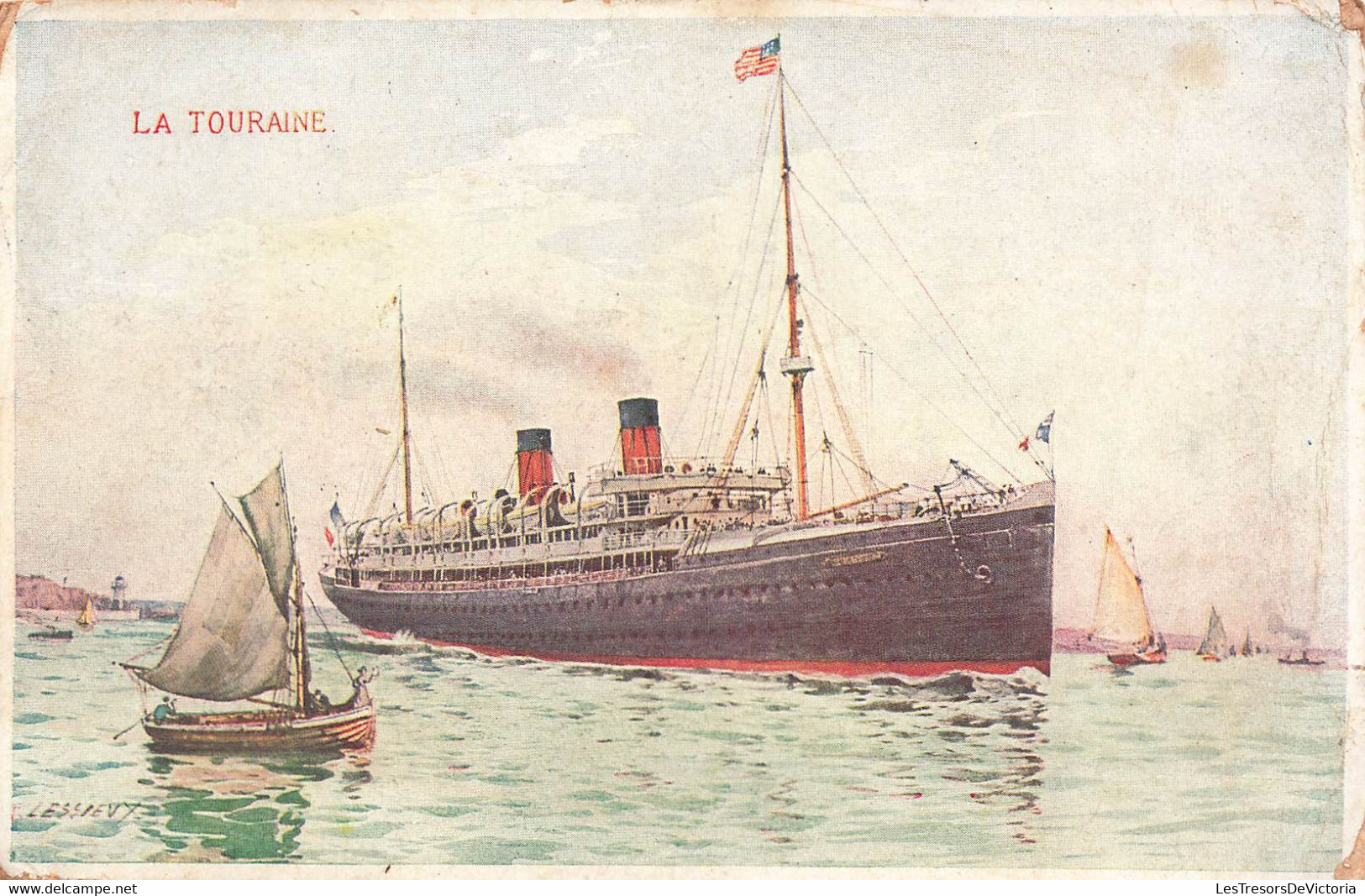 CPA Illustrateur Lessieux Bateau La Tourraine Avec Oblitération Maritime Le Havre à New York - 1915 - 1877-1920: Semi Modern Period