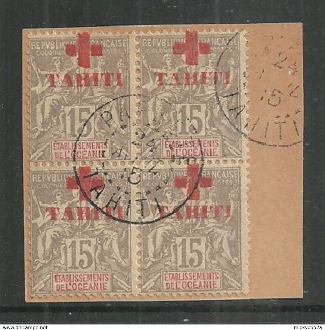 FRENCH POLYNESIA TAHITI 1915 RED CROSS ON PIECE VFU - Tahiti