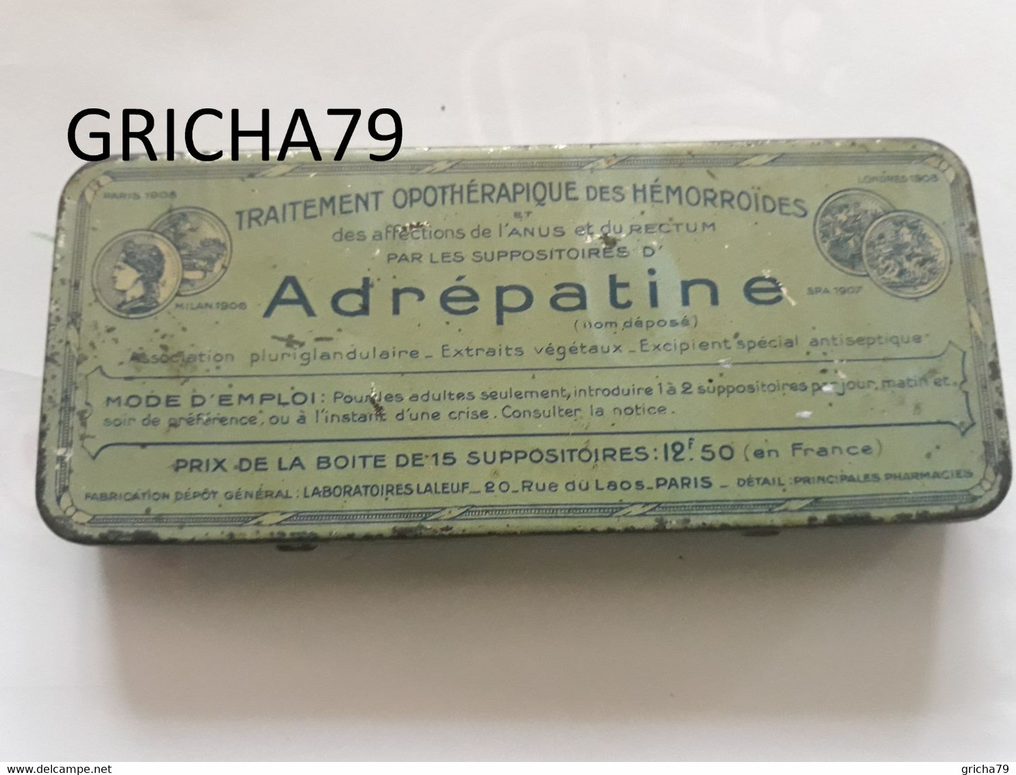 MEDECINE - BOITE METALLIQUE - ADREPATINE - TRAITEMENT OPOTHERAPIQUE DES HEMORROIDES - LABORATOIRES LALEUF PARIS - Medizinische Und Zahnmedizinische Geräte