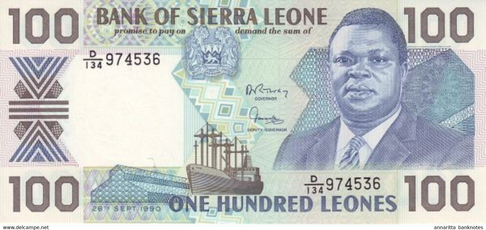 Sierra Leone (BSL) 100 Leones 1990 W/ Printer's Name UNC Cat No. P-18c / SL115c - Sierra Leone
