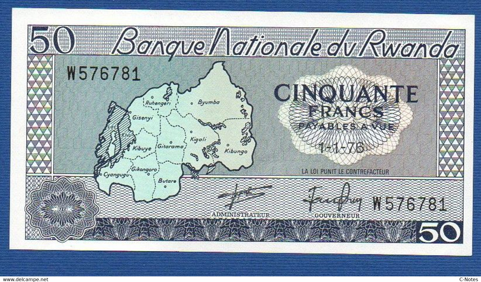 RWANDA - P. 7c – 50 FRANCS 01.01.1976  AUNC, Serie W576781 - Rwanda