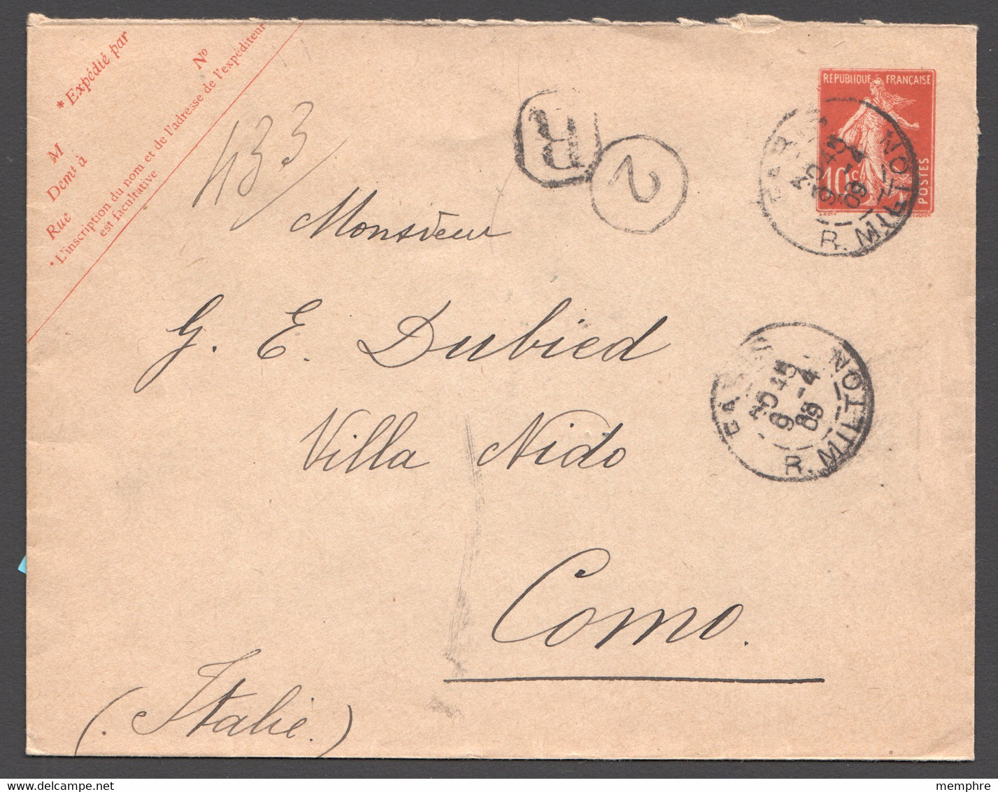 1909 Enveloppe Semeuse 10c Yv 138-E4 Sans Date Recommandée Pour L'Italie - Standard Covers & Stamped On Demand (before 1995)