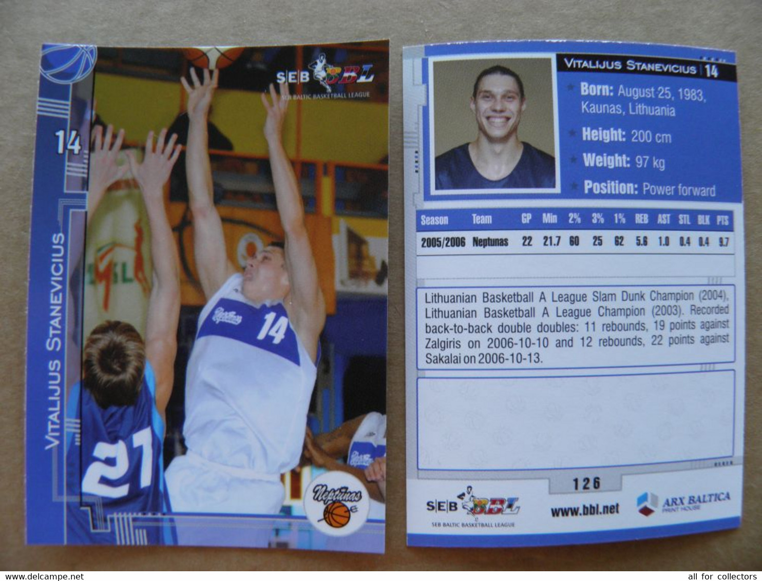 Basketball Card Lithuania Seb Bbl Baltic League Neptunas Klaipeda Team Player Stanevicius - Autres & Non Classés
