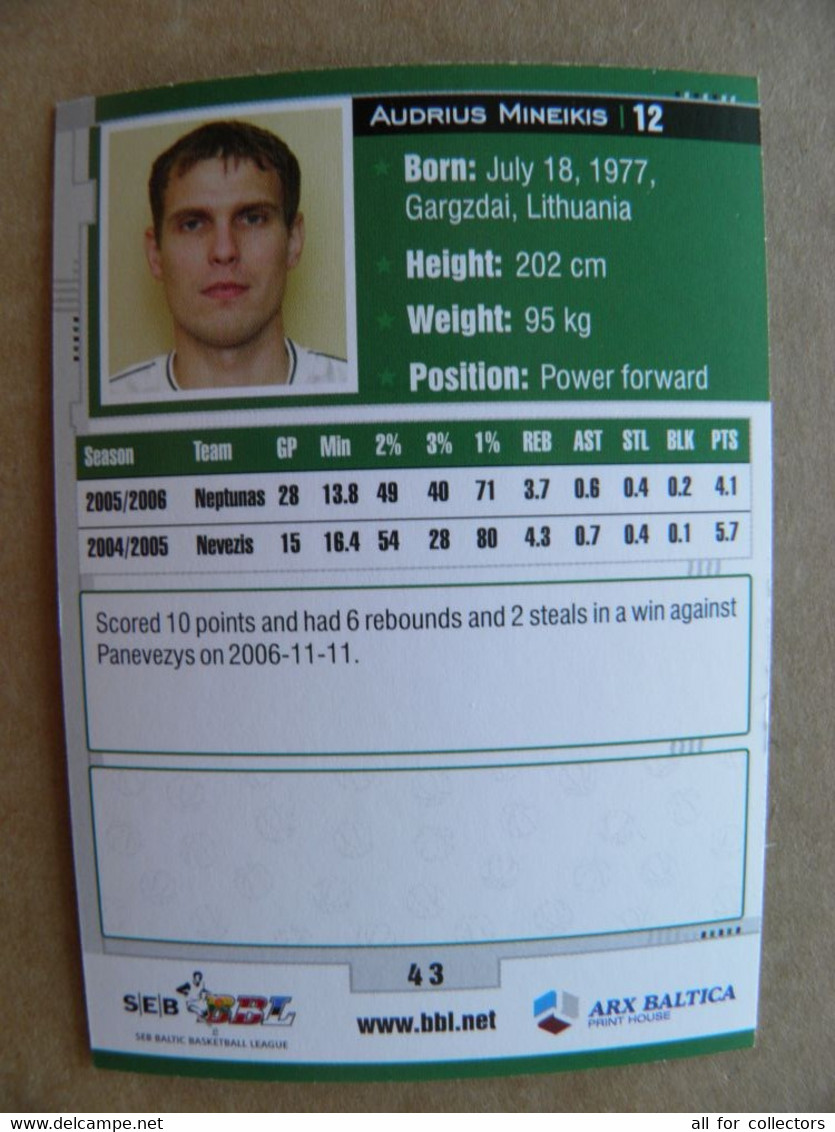 Basketball Card Lithuania Seb Bbl Baltic League Kedainiai Nevezis Team Player Mineikis - Autres & Non Classés