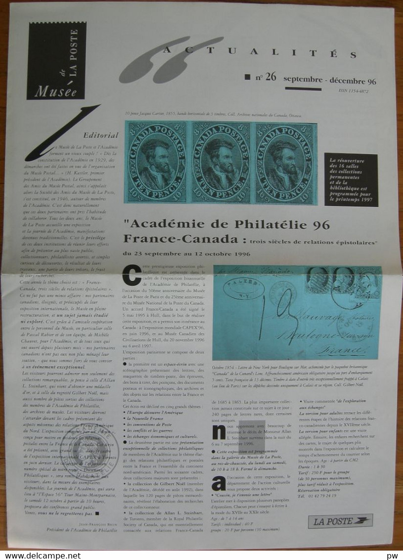 REVUE ACTUALITES MUSEE DE LA POSTE N° 26 De Sept/déc 1996 - Français (àpd. 1941)