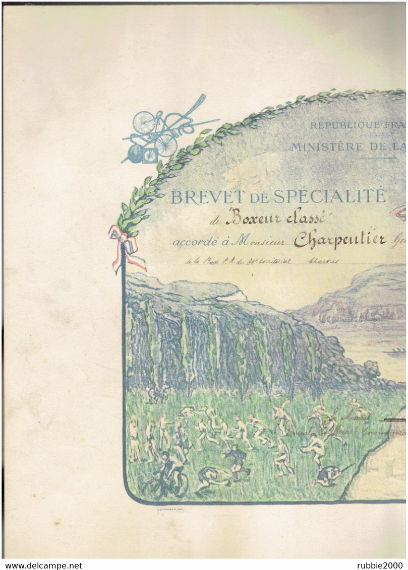 DIPLOME 1920 BREVET DE SPECIALITE BOXEUR BOXE PREPARATION MILITAIRE 30° TERRITORIAL DE CHARTES SIGNE GENERAL VUILLEMOT - Autres & Non Classés