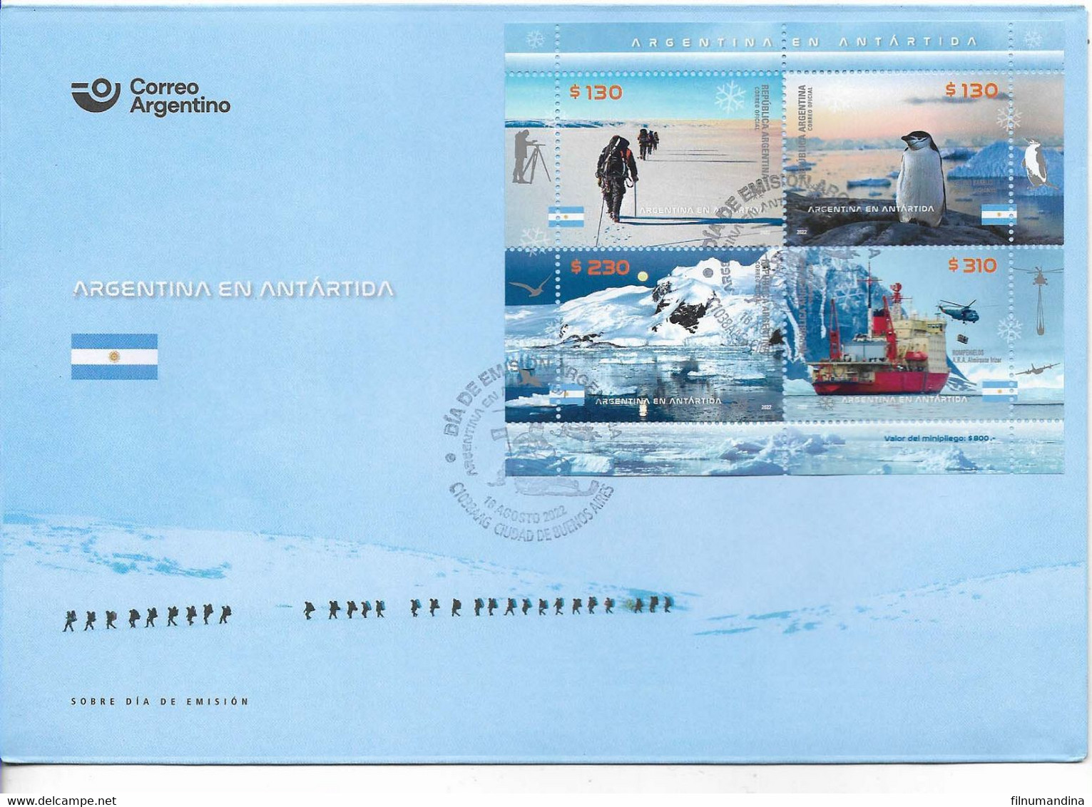 #75129 ARGENTINE,ARGENTINA 2022 ANTARCTICA FAUNA PENGUIN,SHIP ICEBREAKER MINISHEET FDC                            MNH - Antarktischen Tierwelt