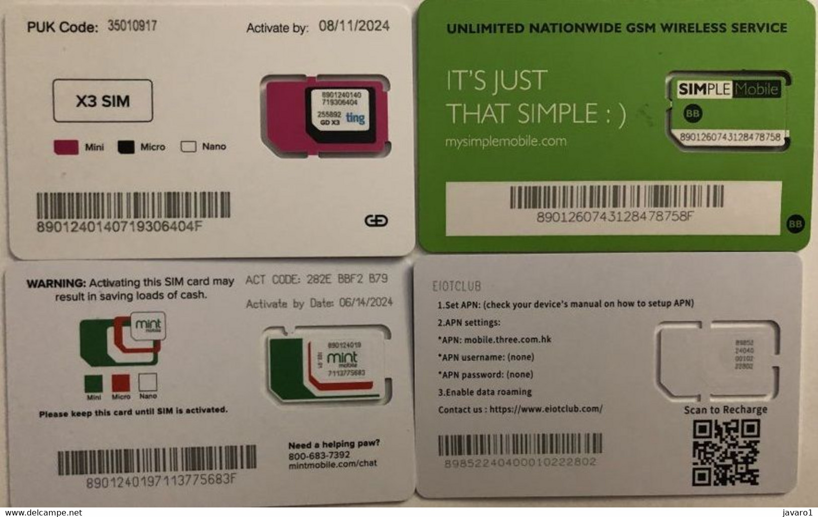 USA : GSM  SIM CARD  : 4 Cards  A Pictured (see Description)   MINT ( LOT E ) - Cartes à Puce