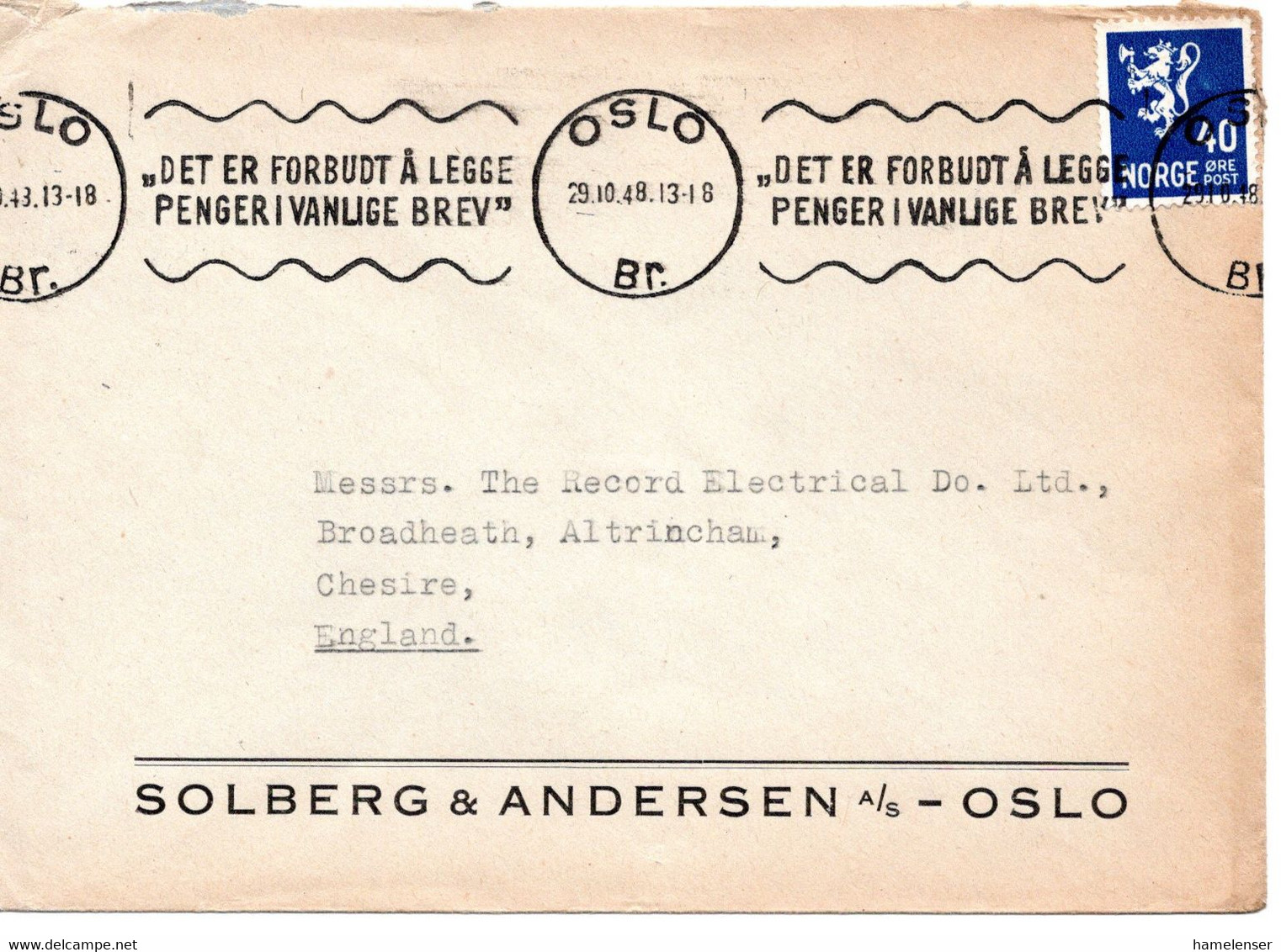 60645 - Norwegen - 1948 - 40o. Wappen EF A Bf OSLO - DET ER FORBUDT ... -> Grossbritannien - Storia Postale