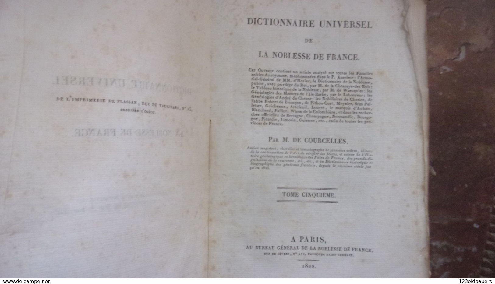 1820/1822 RARE  E0 5 VOL COMPLETS DICTIONNAIRE UNIVERSEL DE LA NOBLESSE DE FRANCE M DE COURCELLES ROYAUTE