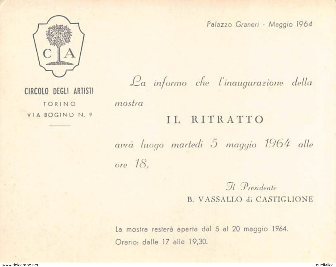 03798 "TORINO - CIRCOLO DEGLI ARTISTI - PALAZZO GRANIERI - MOSTRA - IL RITRATTO 1964" INVITO - DISEGNO - Autres & Non Classés