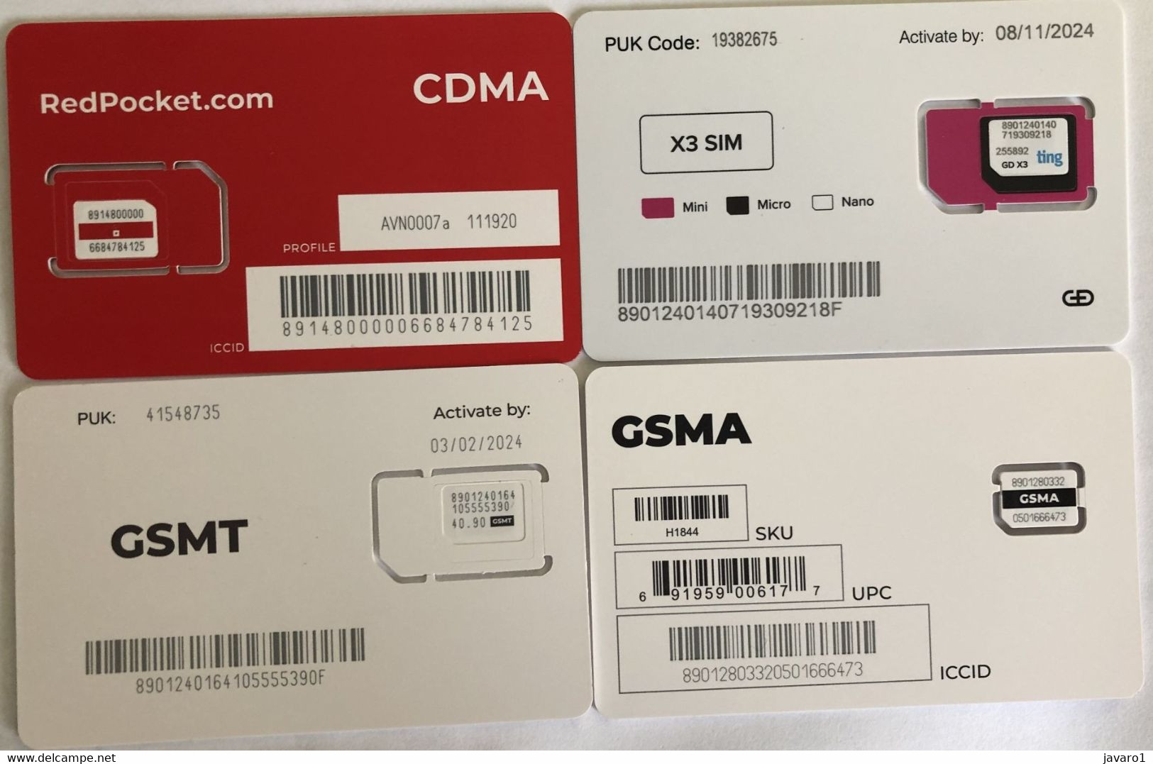 USA : GSM  SIM CARD  : 4 Cards  As Pictured (see Description)   MINT ( LOT G ) - [2] Tarjetas Con Chip
