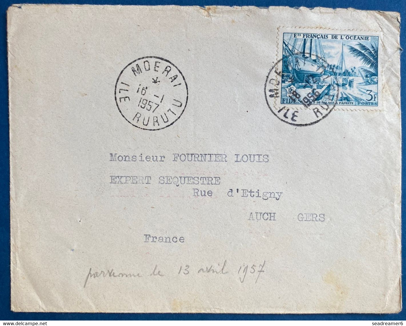 Oceanie Lettre N°204 3FR  Cale De Halage Oblitéré Du 16 Janvier De 1957 De MOERAI Ile RURUTU (iles Australes ) Rare ! - Briefe U. Dokumente