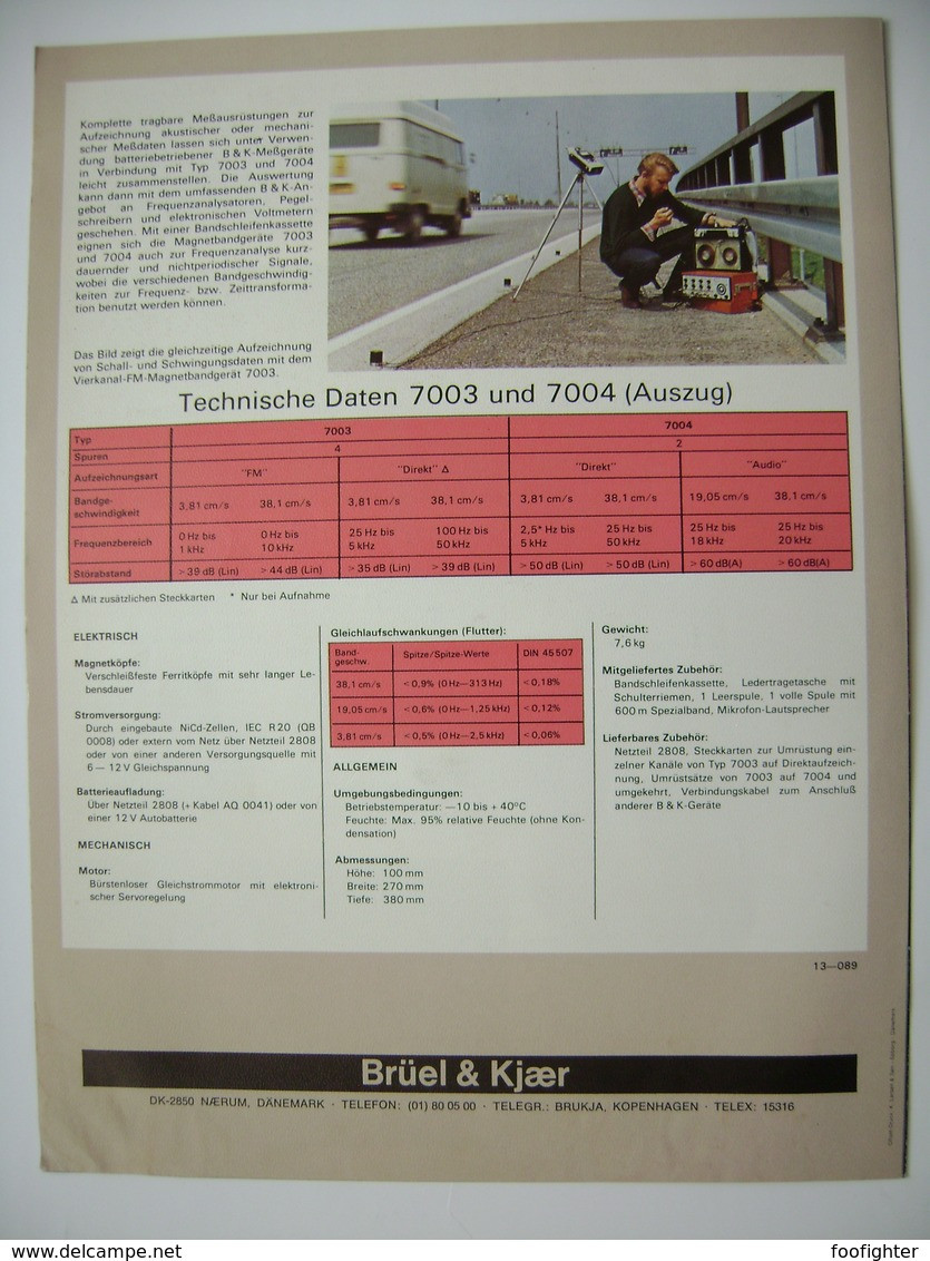 BRÜEL & KJAER - TAPE RECORDER 7003 & 7004 - Instructions Technical Data, Meßmagnetbandgeräte, Technische Daten - Andere Geräte