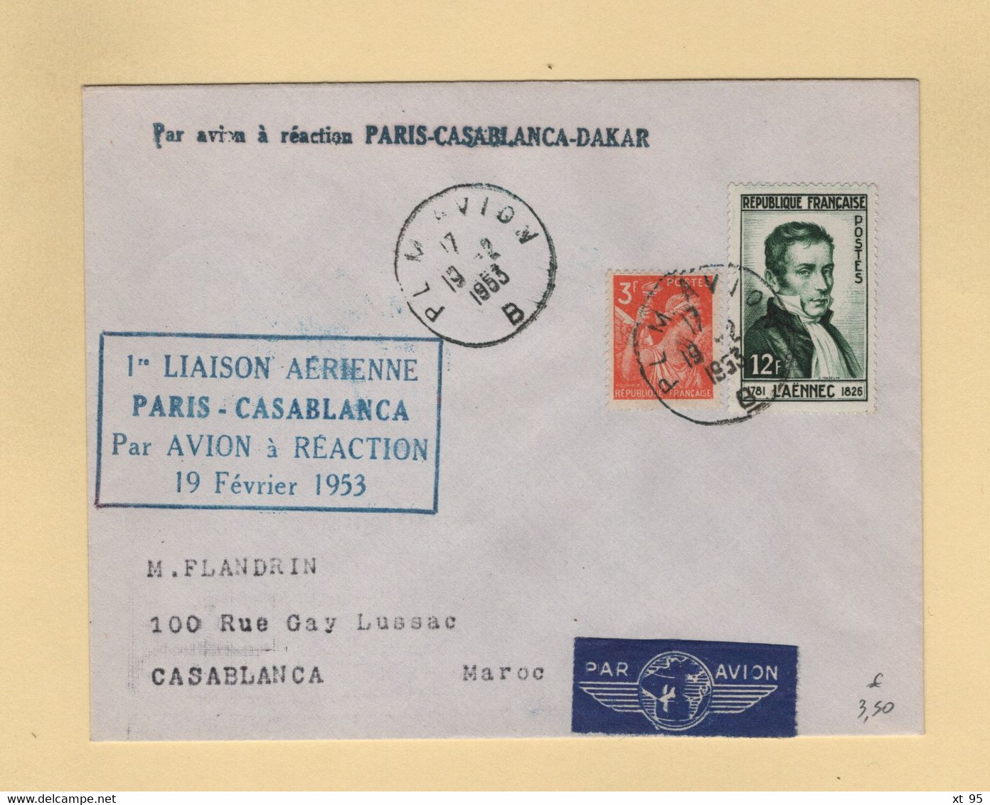 1ere Liaison Paris Casablanca Par Avion A Reaction - 19 Fevrier 1953 - Erst- U. Sonderflugbriefe