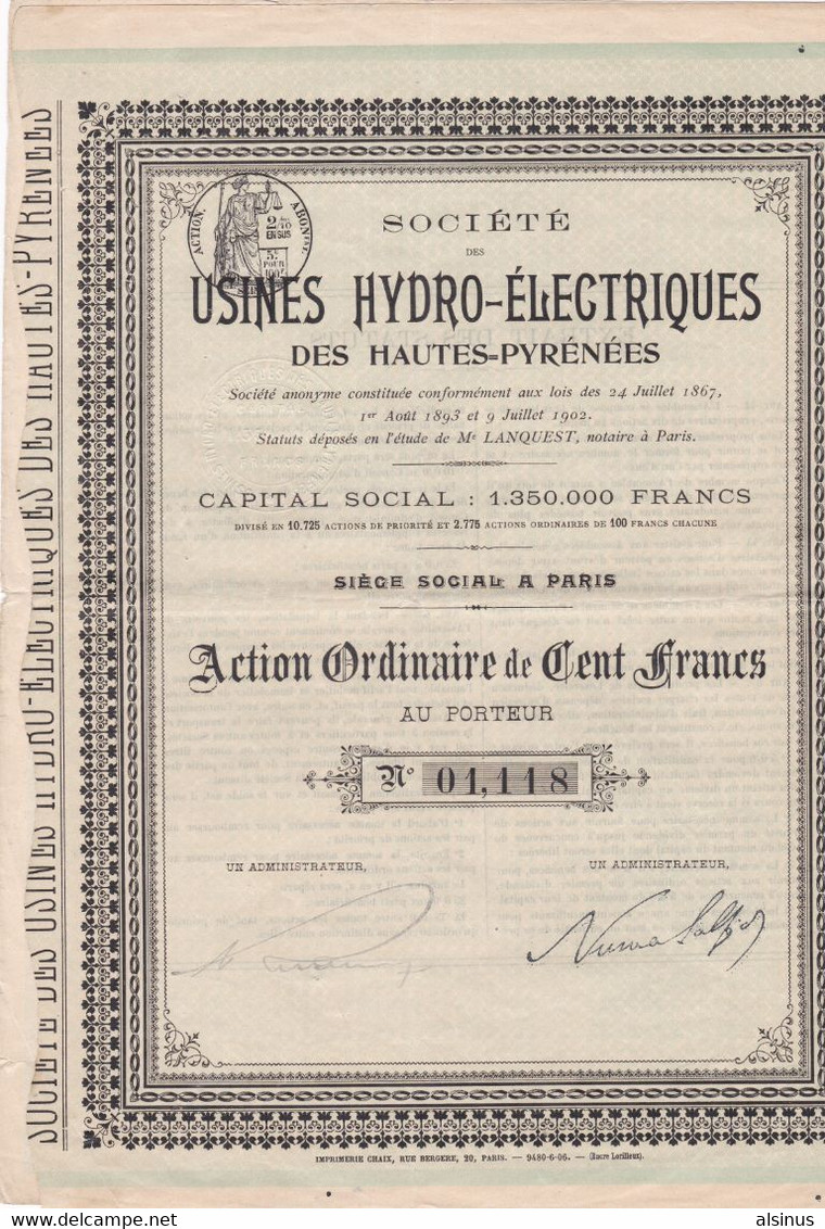 ACTION DE CENT FRANCS - USINES HYDRO-ELECTRIQUES DES HAUTES PYRENEES - Elektrizität & Gas