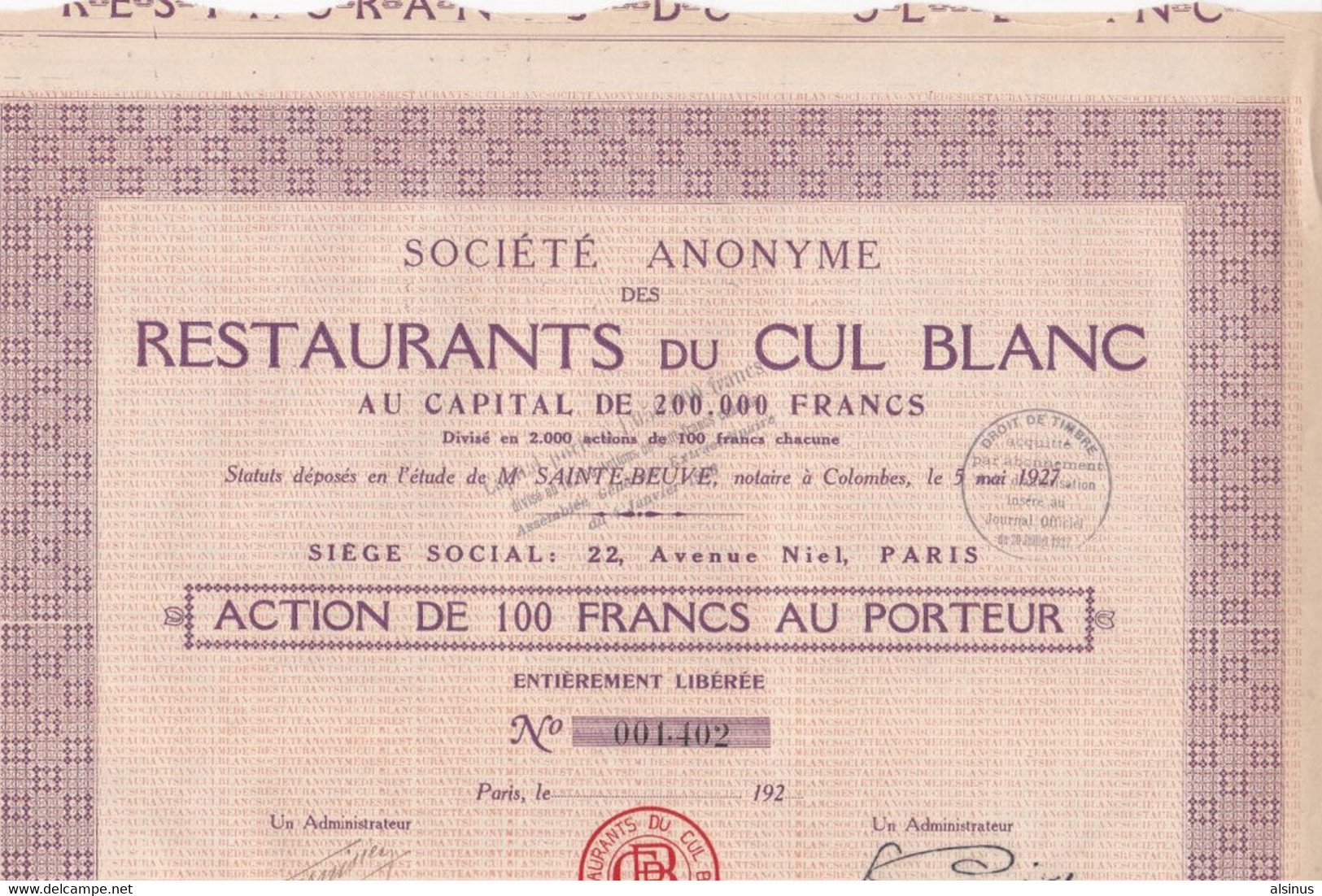 ACTION DE 100 FRANCS - SOCIETE ANONYME DES RESTAURANTS DU CUL BLANC - Tourismus