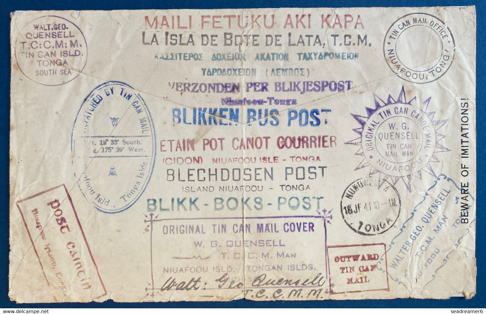 Bristish Colonies TONGA Islands Lettre 1941 " ORIGINAL TIN CAN CANOE MAIL" N°69 Oblitéré Niuafoou - Tonga (...-1970)