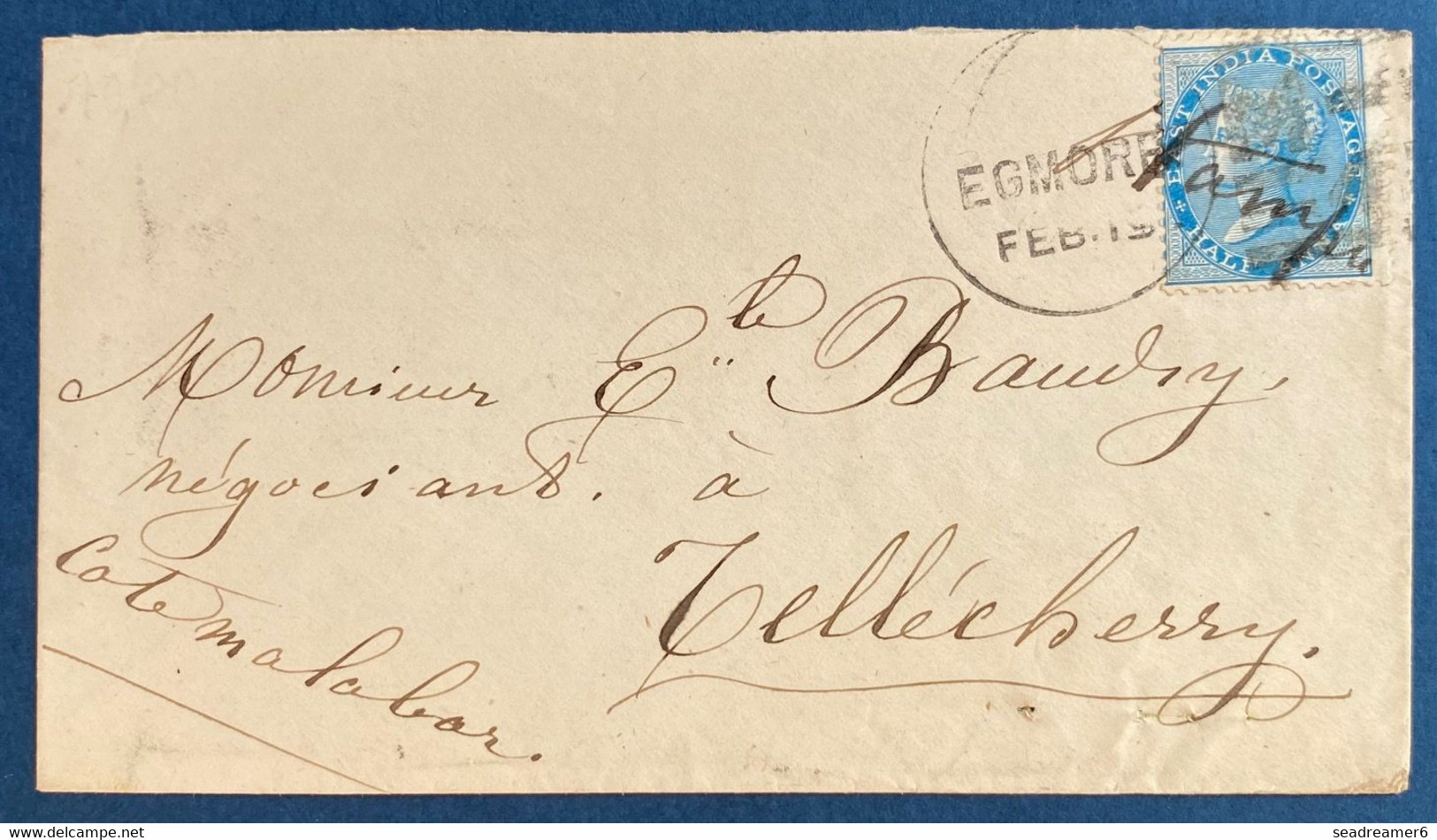 Colonies Anglaises Inde Lettre N°9  1/2 Anna Bleu Oblitéré Du Killer De EGMORE Pour Tellecherrry "cote De Malabar " - 1858-79 Crown Colony